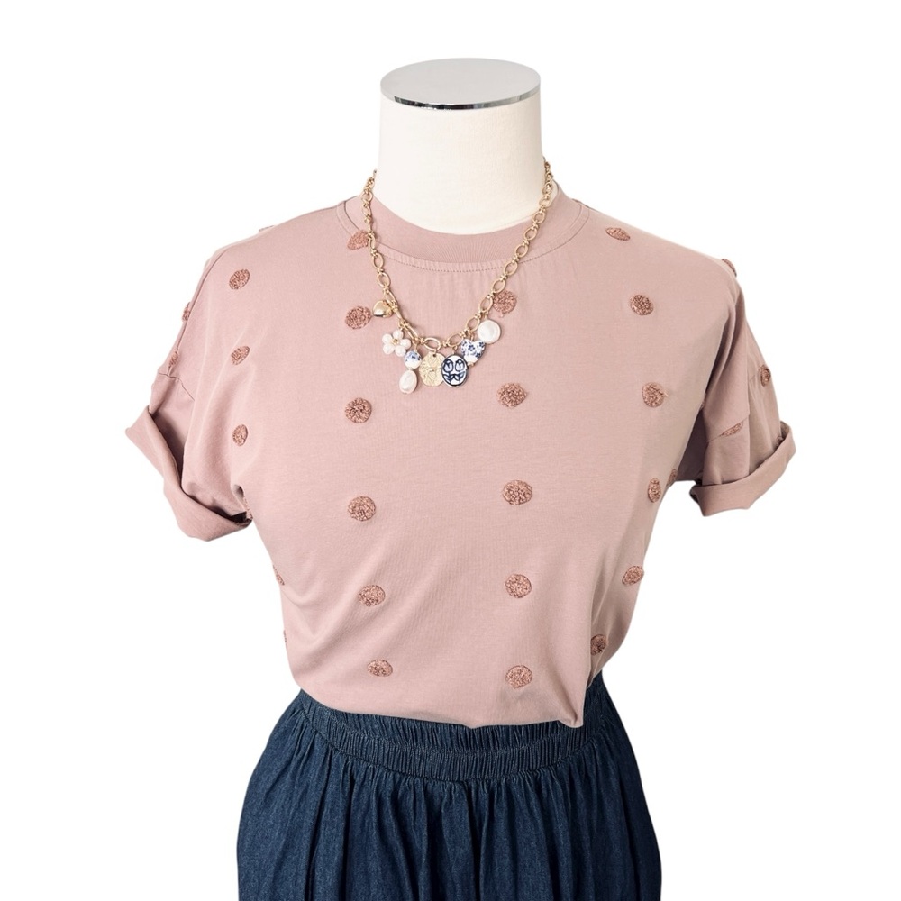 POLAGRAM Polka Dot Embossed Cotton T-Shirt Mauve Blush Pink Light Brown Sz S